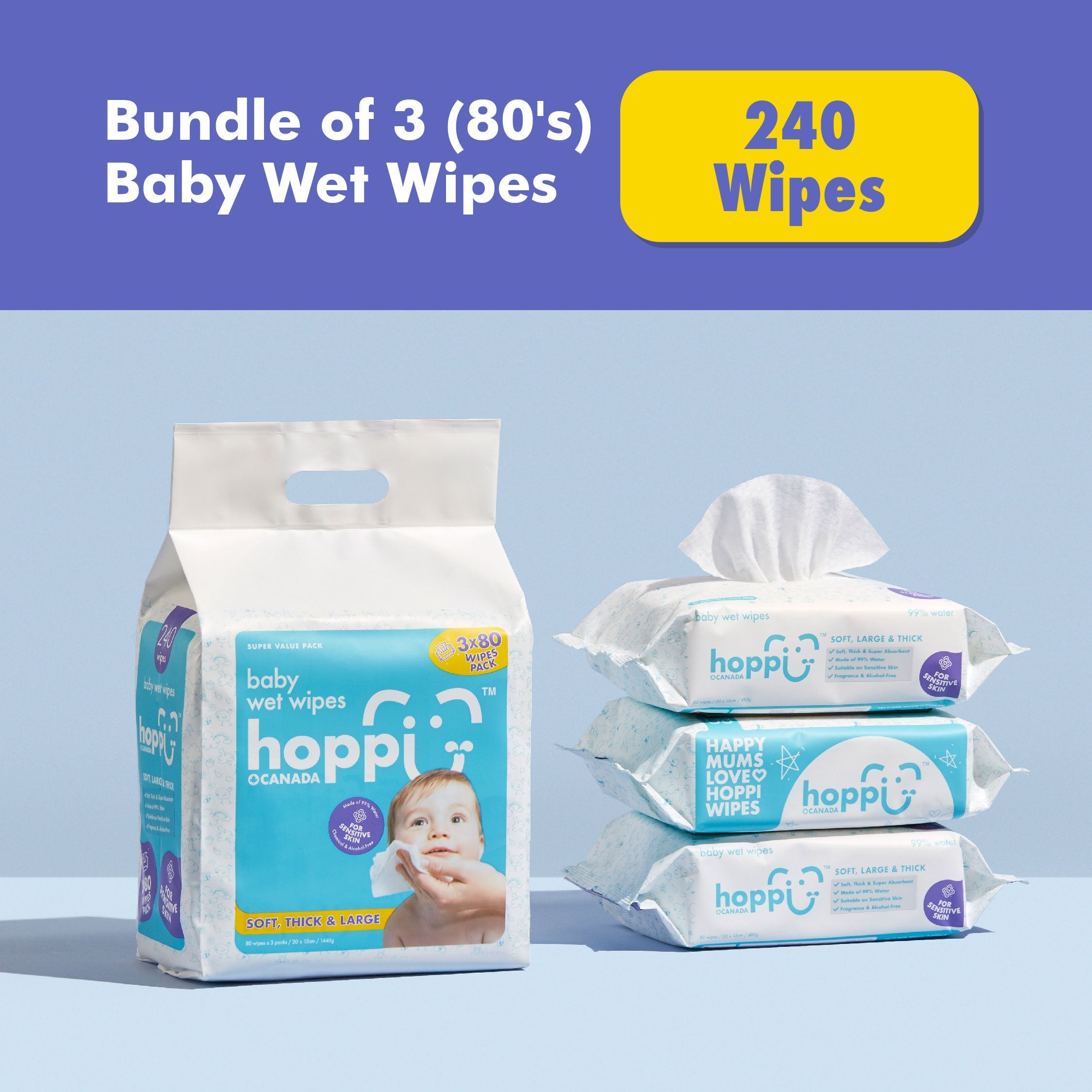 [Bundle of 3] Baby Wet Wipes (80 Wipes) Hoppi Pte Ltd