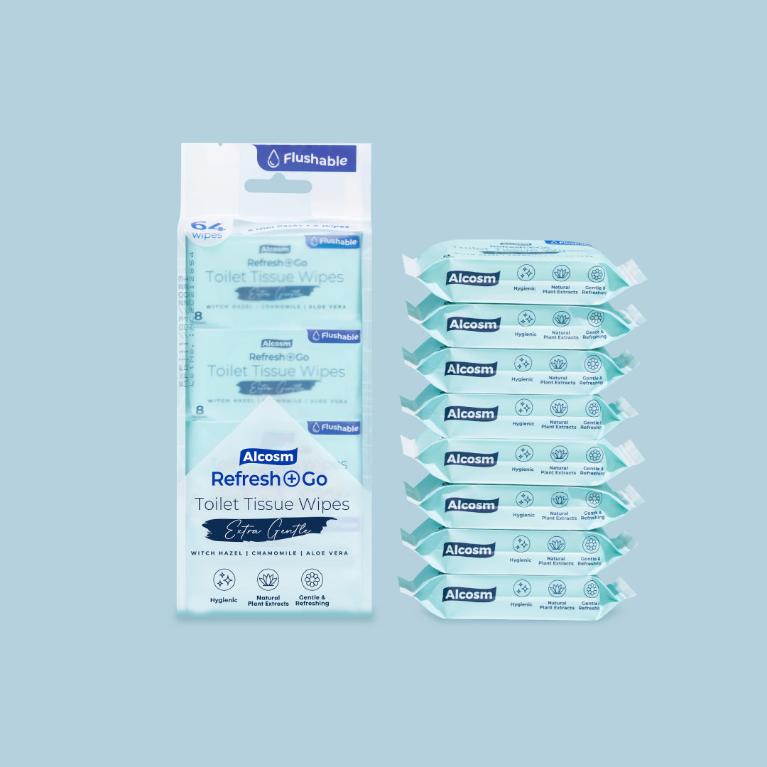Alcean Flushable Toilet Wipes with Natural Plant Extract (8 Wipes x 8 Packs)