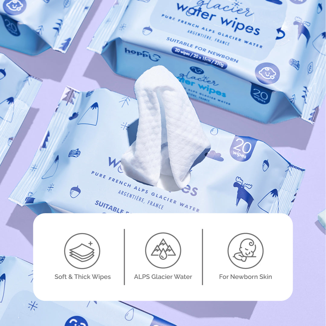Hoppi Glacier Water Wipes (20 Wipes x 5 Packs)