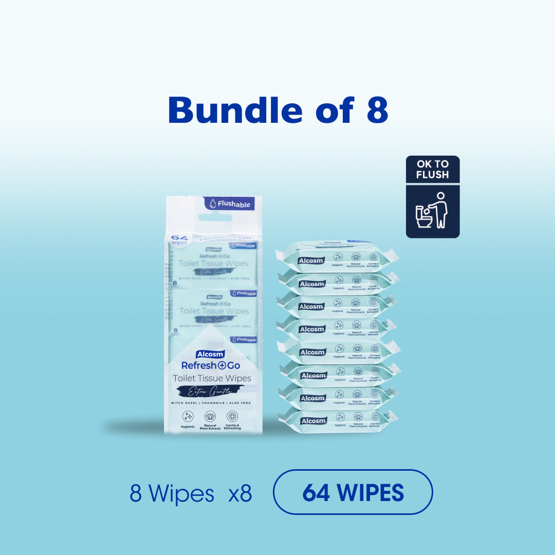 Alcean Flushable Toilet Wipes with Natural Plant Extract (8 Wipes x 8 Packs)